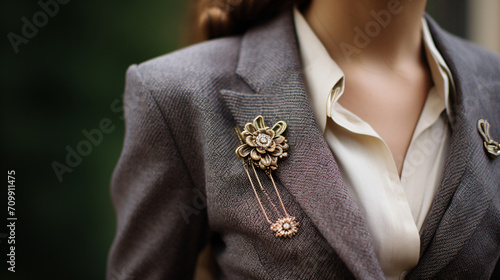 Vintage brooch pinned to a classic tweed jacket