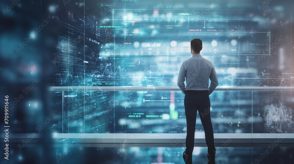Back View of Male Engineer, Head of Technology, standing in a large data center. High-speed data transfer, Back View of Male Engineer, Head of Technology, standing in a large data center. High-speed data transfer,