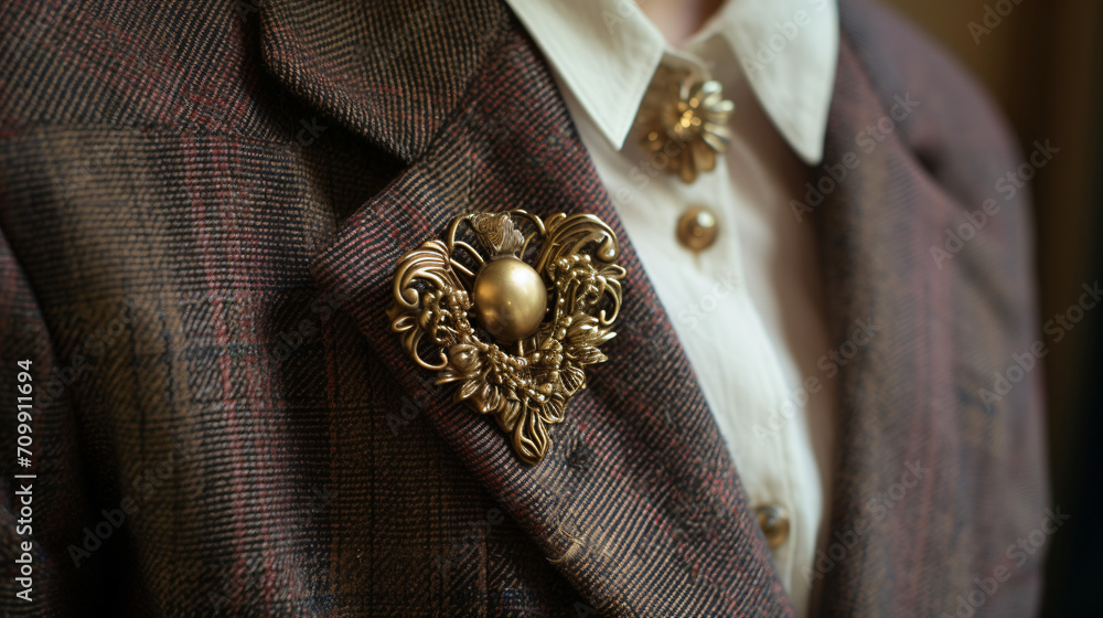 Vintage brooch pinned to a classic tweed jacket - obrazy, fototapety, plakaty 