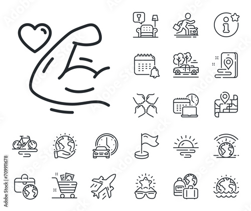 Strength muscle sign. Plane jet, travel map and baggage claim outline icons. Strong arm line icon. Gym fit training symbol. Strong arm line sign. Car rental, taxi transport icon. Vector