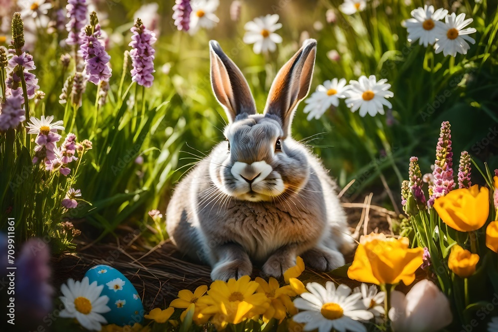 easter bunny and easter eggs with flowers