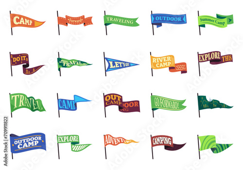Camping pennant flags. Summer hiking expedition patch, wilderness camping motto and slogan, wild discovery and exploration logo. Vector collection of flag pennant sign for camp illustration