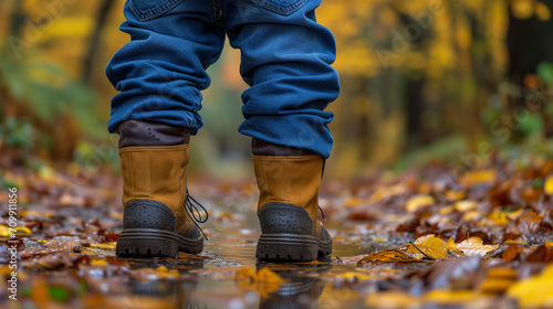 Person in Blue Jeans and Brown Boots on Leaf Covered Path