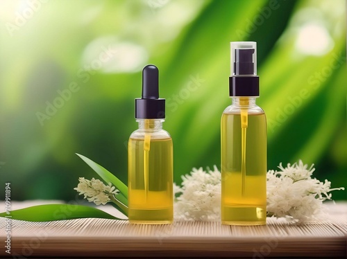 Bottles on the background of the spa room. Skin care serum or natural cosmetics with essential oil