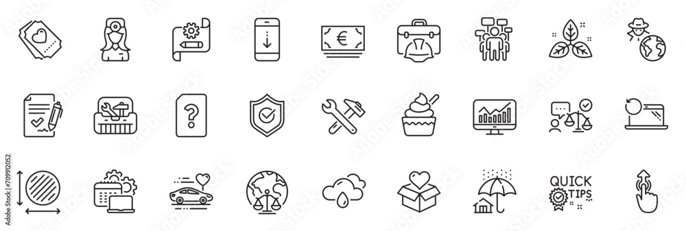 Icons pack as Spanner tool, Cogwheel blueprint and Love ticket line icons for app include Fraud, Donation, Oculist doctor outline thin icon web set. Lawyer, Construction toolbox. Vector