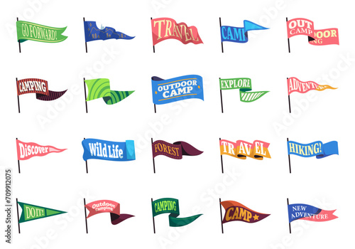 Forest camping pennants. Summer wilderness expedition badges with hiking equipment and campfire. Vector flat banner with hiking motto and exploration concept of outdoor pennant adventure illustration