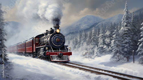 Vintage Steam Train in Snowy Landscape