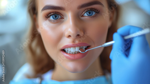 A woman getting her teeth professionally cleaned by a dentist.