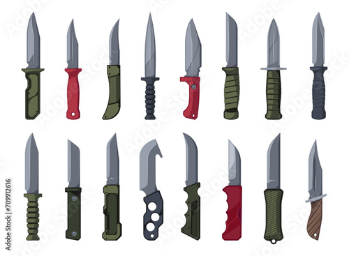 Survival knives. Cartoon hunting blade tools for camping and hiking, self defense combat utility equipment, wilderness picnic sawing. Vector flat set of knife hunting equipment illustration