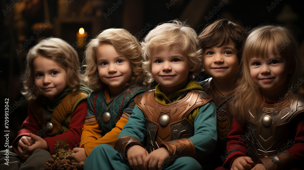 Children Sitting on Green Carpet Wearing super heroes Different Costumes
Children Sitting on Green Carpet Wearing super heroes Different Costumes