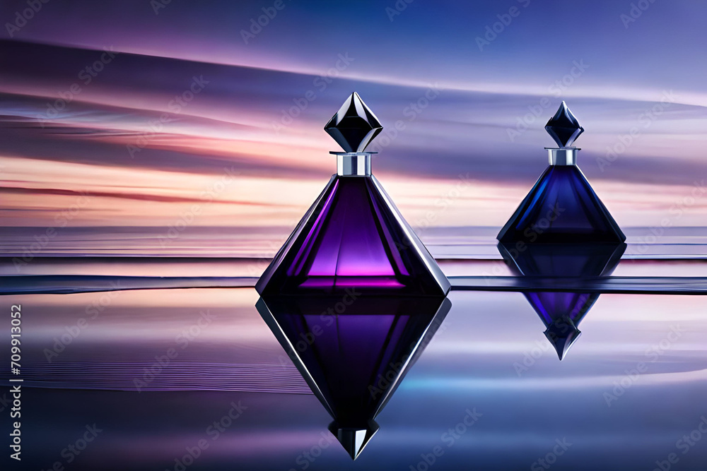 purple  diamond shaped perfume container , minimaliste cosmetics presentation - obrazy, fototapety, plakaty 