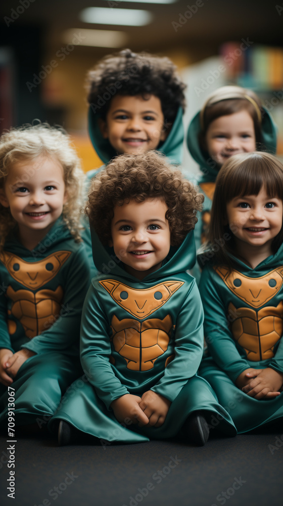 Children Sitting on Green Carpet Wearing super heroes Different Costumes
Children Sitting on Green Carpet Wearing super heroes Different Costumes