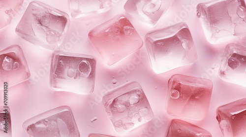 Refreshing Ice Cubes on Pink Background - Cool and crystal-clear beverage concept, top view of frozen cubes with drops on a light pink backdrop, perfect for summer drinks and refreshing content.