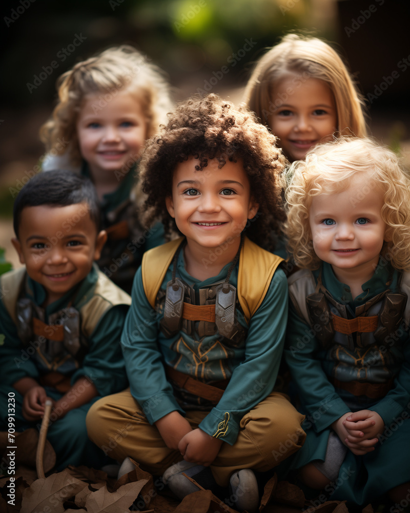 Children Sitting on Green Carpet Wearing super heroes Different Costumes 
