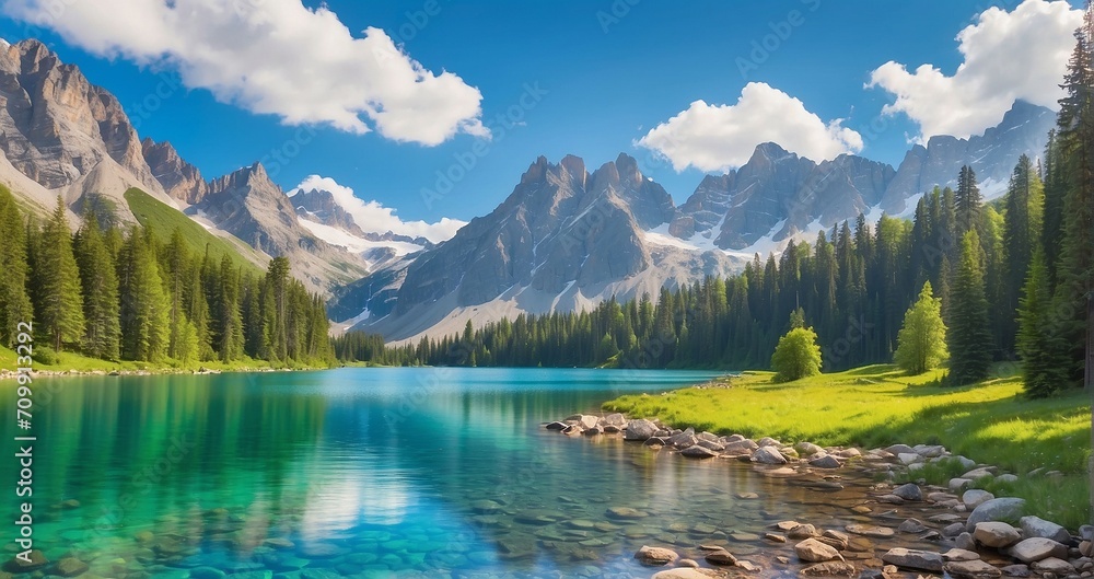 An alpine lake nestled amidst a lush forest, with crystal-clear waters reflecting towering peaks, vibrant greenery, and an array of trees lining the shore - Generative AI