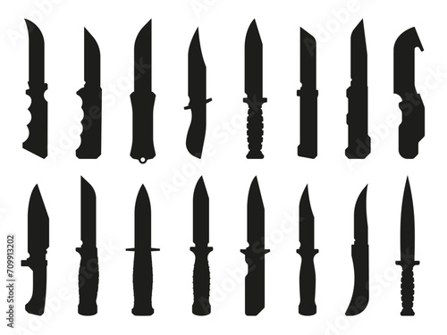 Black hunting knife. Sharp blade combat weapon silhouettes, pocket utility knife for protection and cooking. Vector flat set of blade black sharp metal illustration