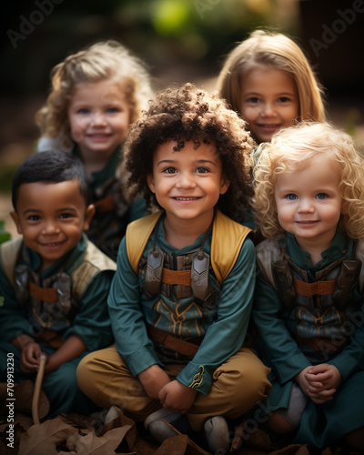 Children Sitting on Green Carpet Wearing super heroes Different Costumes 
