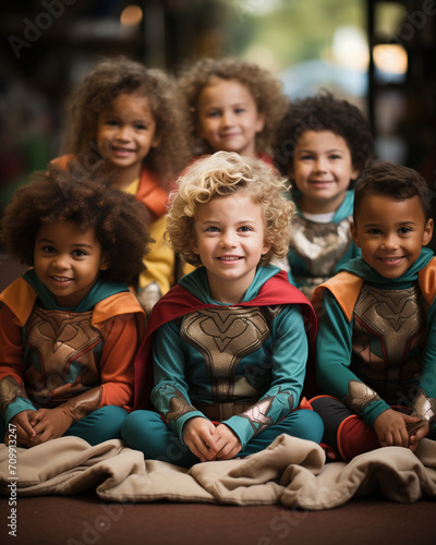Children Sitting on Green Carpet Wearing super heroes Different Costumes 
