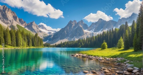 An alpine lake nestled amidst a lush forest, with crystal-clear waters reflecting towering peaks, vibrant greenery, and an array of trees lining the shore - Generative AI © Everything is here