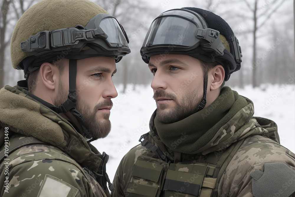 Two soldiers in camouflage military uniform talking, winter. Generative AI Two soldiers in camouflage military uniform talking, winter. Generative AI