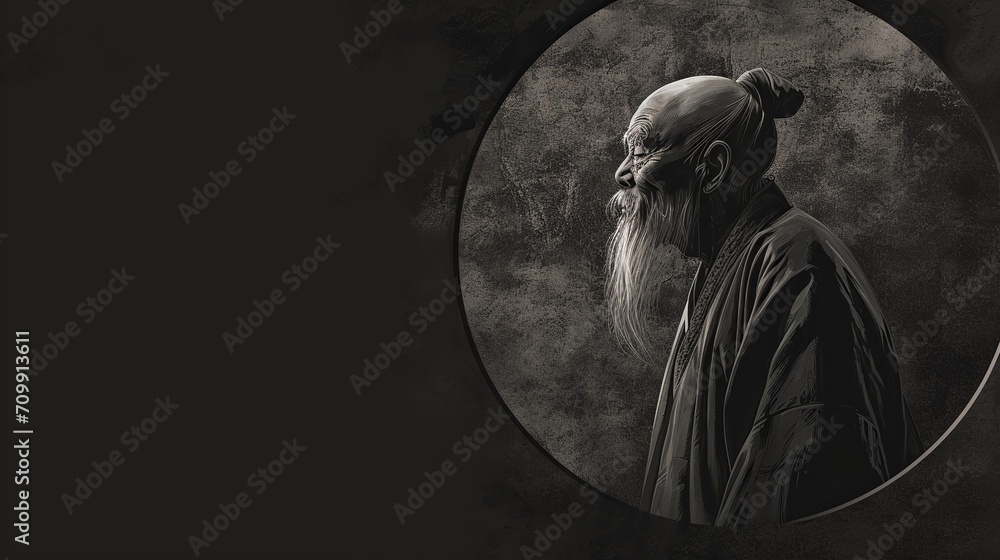 Round-framed Illustration of Laozi on Dark Canvas with Space for Quotes or Text - obrazy, fototapety, plakaty 