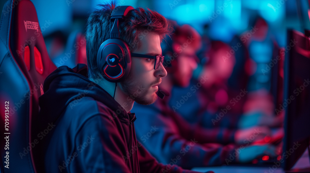 A focused male gamer is immersed in an esports tournament, showcasing determination and skill in a vibrant gaming arena.
