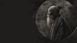 Round-framed Illustration of Laozi on Dark Canvas with Space for Quotes or Text