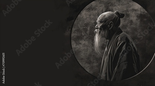 Round-framed Illustration of Laozi on Dark Canvas with Space for Quotes or Text