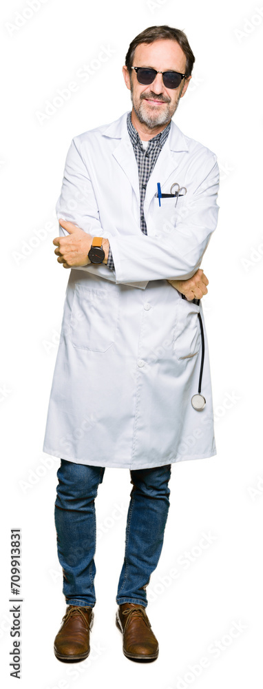 Handsome middle age doctor man wearing sunglasses with serious expression on face. Simple and natural looking at the camera. Handsome middle age doctor man wearing sunglasses with serious expression on face. Simple and natural looking at the camera.