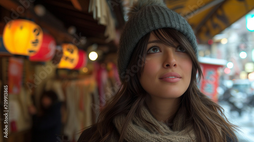 Woman in Hat and Scarf Standing in Front of Store