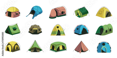 Camping tent. Summer outdoor shelter with rope and pegs, various colorful touristic tents for hiking and camping recreational activity. Cartoon canvas tents of equipment tent shelter rope illustration