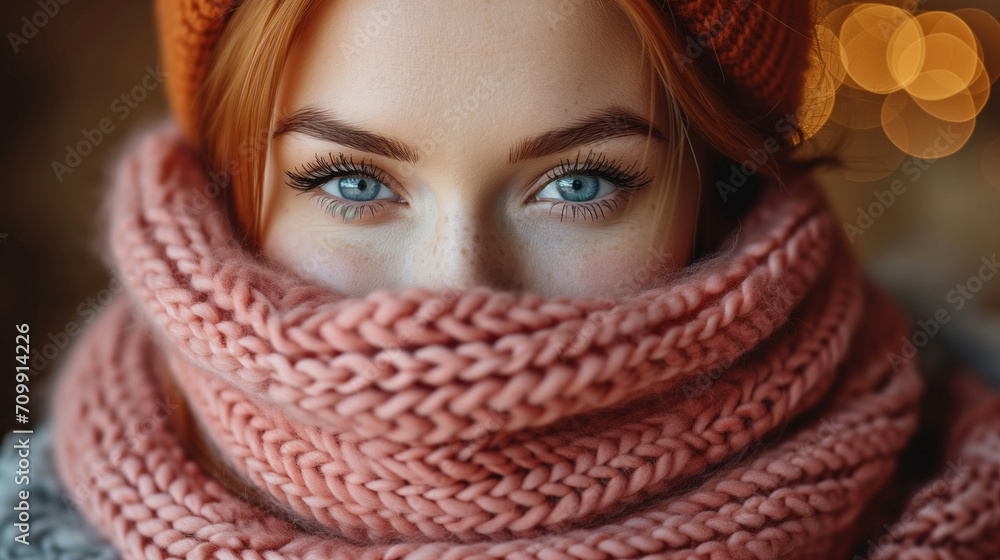 Woman With Blue Eyes Wearing Pink Scarf Woman With Blue Eyes Wearing Pink Scarf