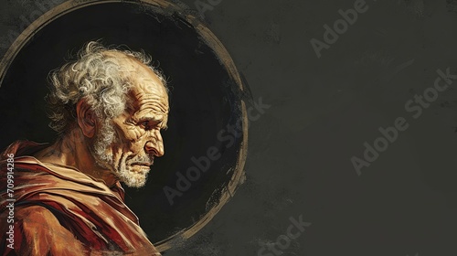Illustration of Philosopher Seneca in Round Frame on Dark Canvas with Space for Text
