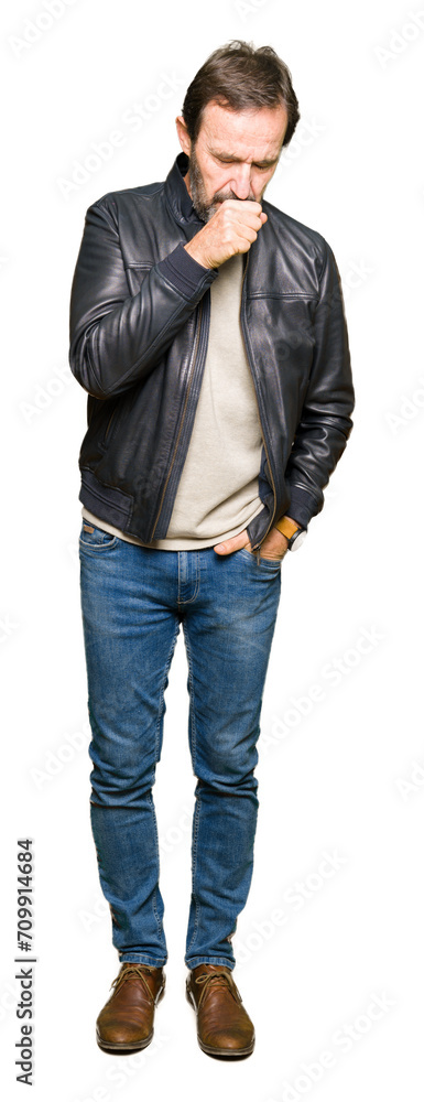 Middle age handsome man wearing black leather jacket feeling unwell and coughing as symptom for cold or bronchitis. Healthcare concept. Middle age handsome man wearing black leather jacket feeling unwell and coughing as symptom for cold or bronchitis. Healthcare concept.