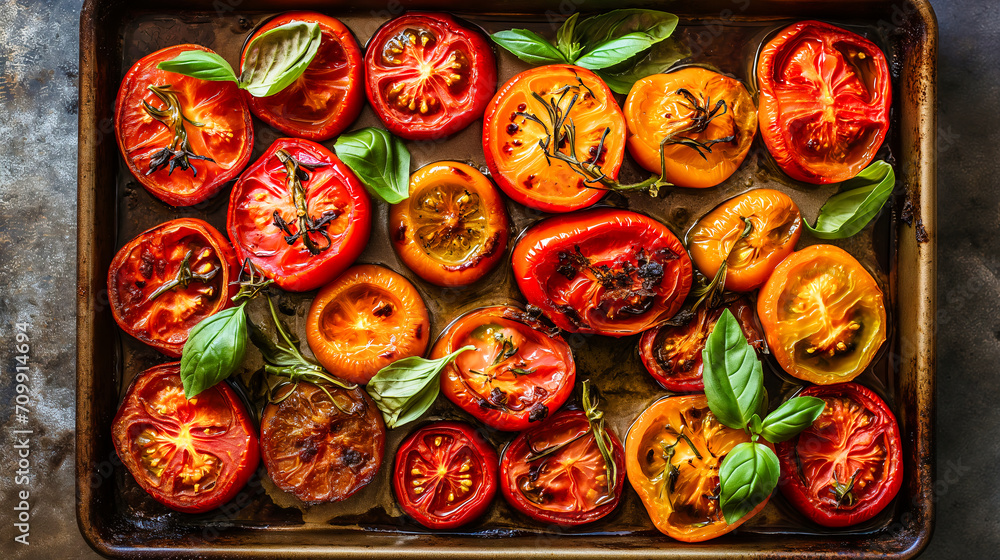 Grilled tomatoes with basil and olive oil.
