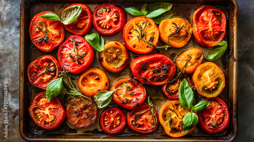 Grilled tomatoes with basil and olive oil. 