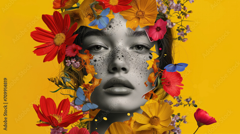 Abstract collage featuring a black-and-white portrait of a young woman cut out from a magazine surrounded by vibrant flowers. Yellow background.