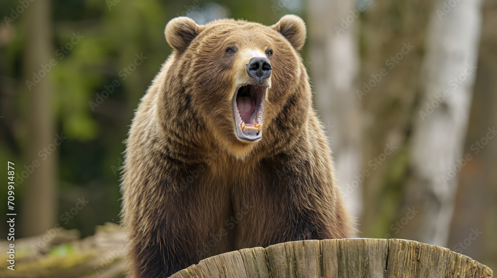 Obraz premium Bear roaring on a log in the forest.