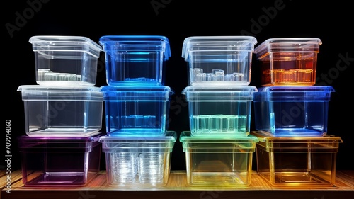 Variety of clear plastic containers stack tidily for efficient storage photo