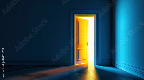 Bright yellow door in an empty blue room with light coming out photo