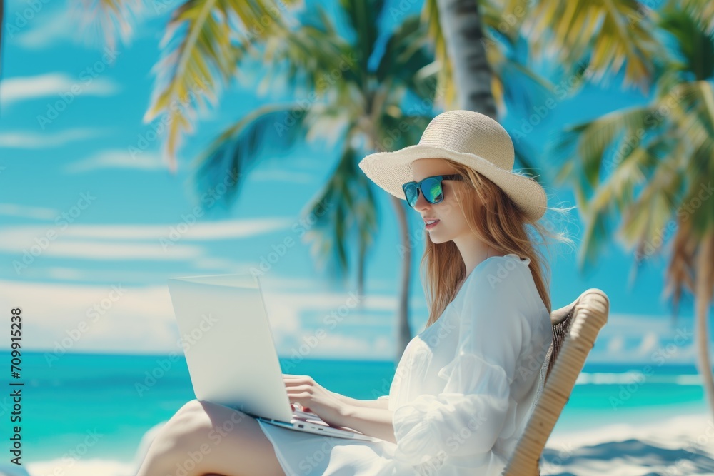 Beautiful young woman  in white dress Working on laptop on the beach, freelance work.