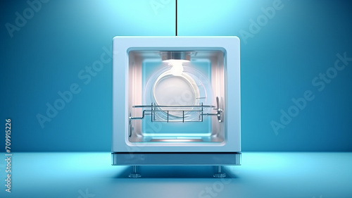 One dishwasher  suspended  blue and white  light blue background generative ai 
