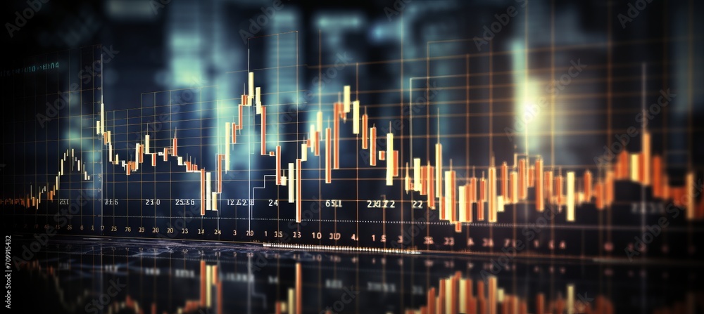 Blurred bokeh effect with stock market charts and banking imagery for creative design concept
