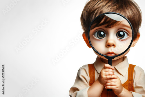 a little boy with huge eyes explores with magnifying glass against solid white background. ai generative