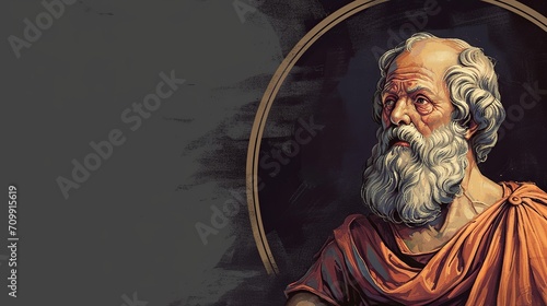 Socrates, Ancient Philosopher, Featured in Round Frame on Dark Canvas with Text Space