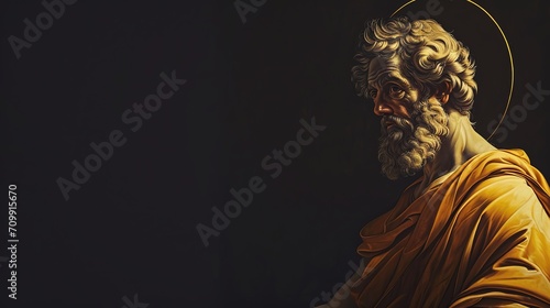 Dark Canvas Featuring Round Framed Illustration of Thales, the Greek Philosopher, with Space for Text photo