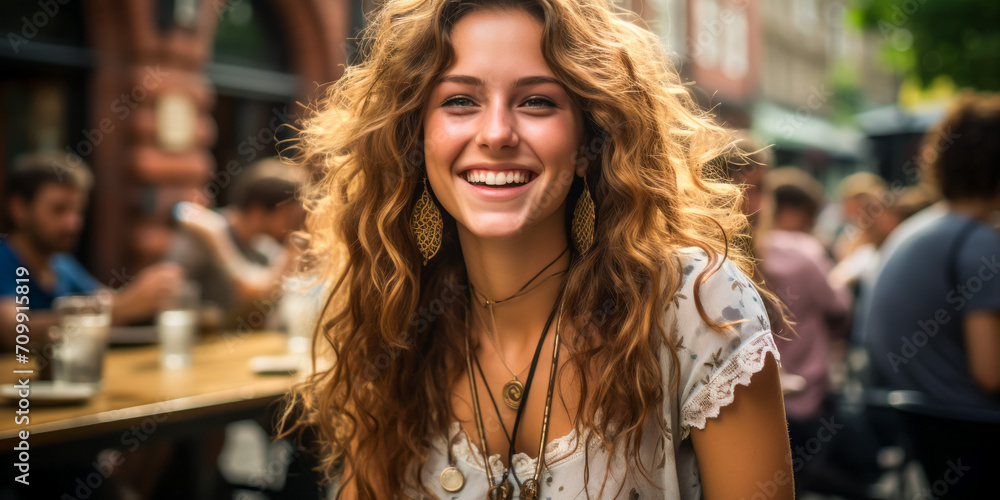 Vibrant young woman with a captivating smile enjoying outdoor cafe ambiance
