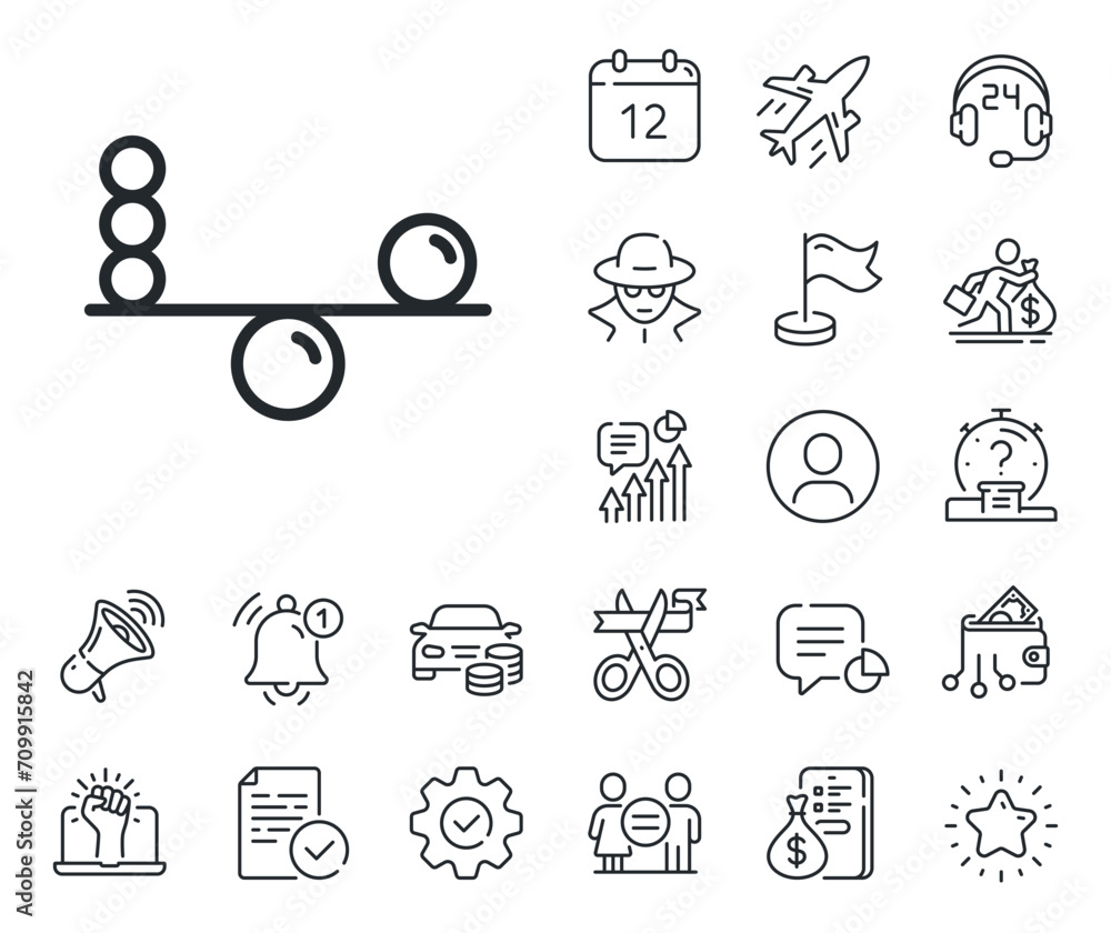 Mind stability sign. Salaryman, gender equality and alert bell outline icons. Balance line icon. Concentration symbol. Balance line sign. Spy or profile placeholder icon. Vector
