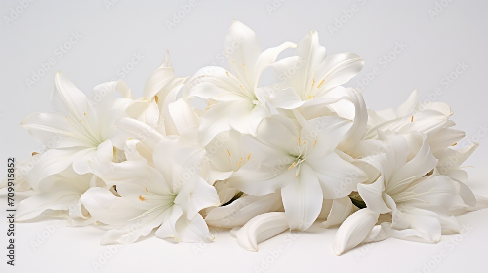 a heap of lily petals, their graceful forms arranged in a natural cascade against the purity of a white, untouched background.