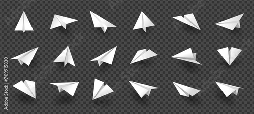 Paper planes. Folded origami air crafts, white abstract origami symbols, plane flight toy for kids. Vector collection of plane origami icon, aircraft fly paper illustration
